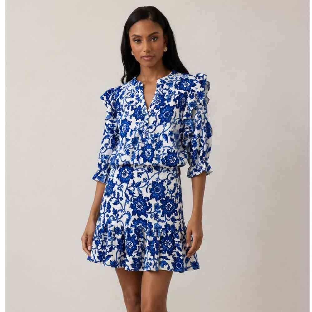 Zara Blue White Floral Ruffle Mini Dress Textured Size S NWOT Porcelain Coastal